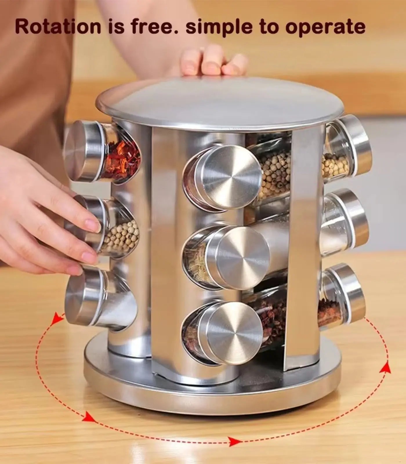 Stainless Steel Rotating Spice Rack Set – Glass Seasoning Jars with Shelf for Herbs &amp; Condiments Storage