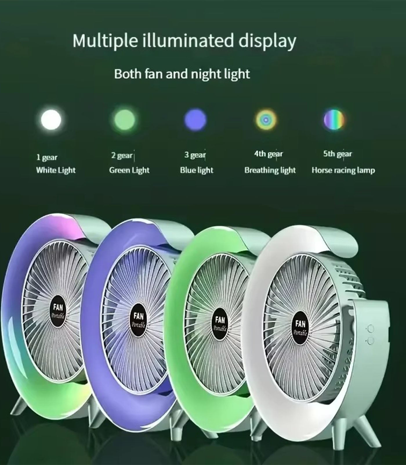 Colorful Loop Desktop Electric Fan with Silent Motor & USB Charging – 3 Speed Wind Modes + Ambient Light