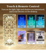 Crystal Rose Table Lamp – Color Touch Control LED Night Light, USB Rechargeable Romantic Diamond Atmosphere Light