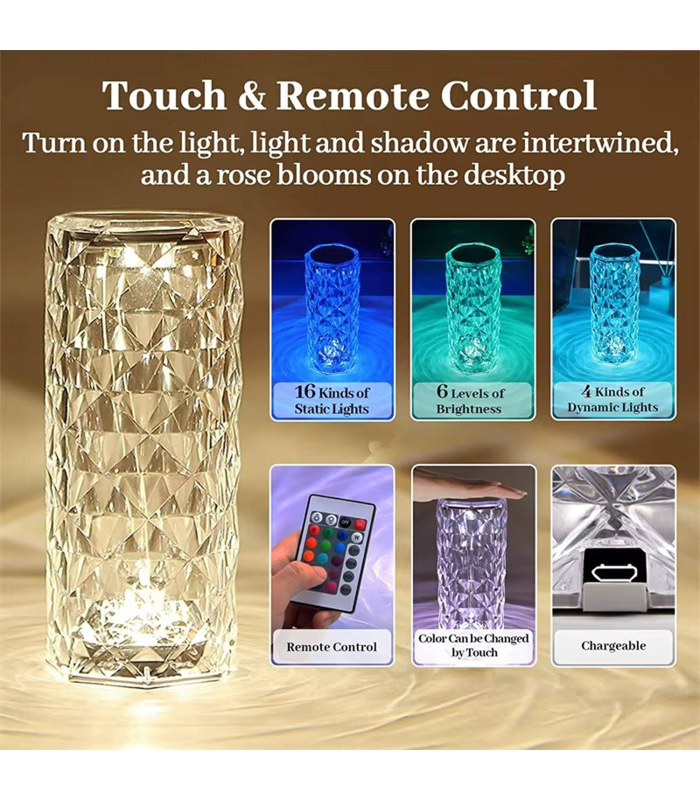 Crystal Rose Table Lamp – Color Touch Control LED Night Light, USB Rechargeable Romantic Diamond Atmosphere Light