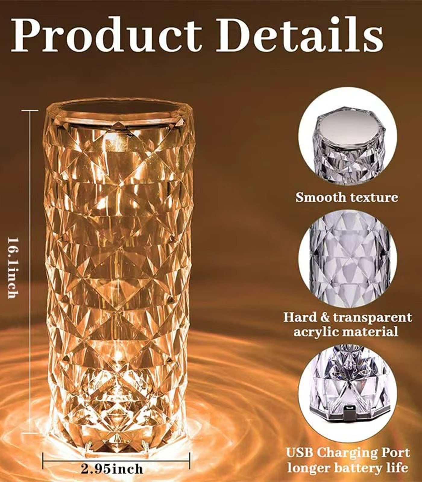 Crystal Rose Table Lamp – Color Touch Control LED Night Light, USB Rechargeable Romantic Diamond Atmosphere Light