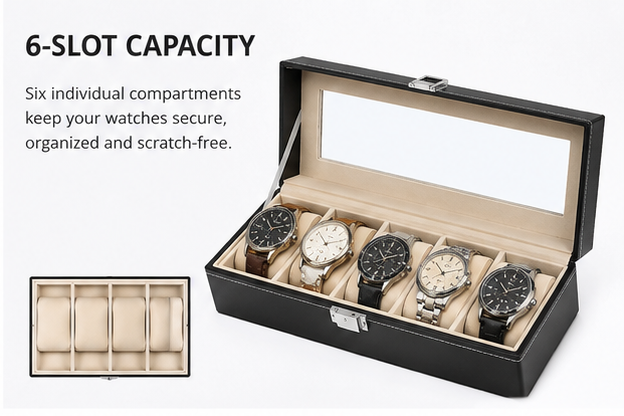 Premium PU Leather Watch Storage Box with Glass Display Lid & Lock