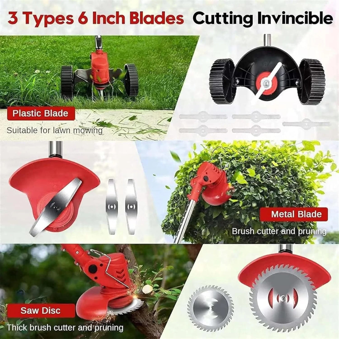 48V Cordless Grass Trimmer & Brush Cutter With Support Wheels — Telescopic Adjustable Electric Weed Cutter | Steel & Plastic Blades | Rechargeable