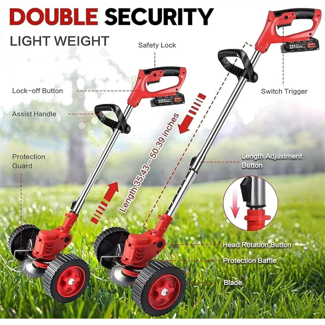 48V Cordless Grass Trimmer & Brush Cutter With Support Wheels — Telescopic Adjustable Electric Weed Cutter | Steel & Plastic Blades | Rechargeable