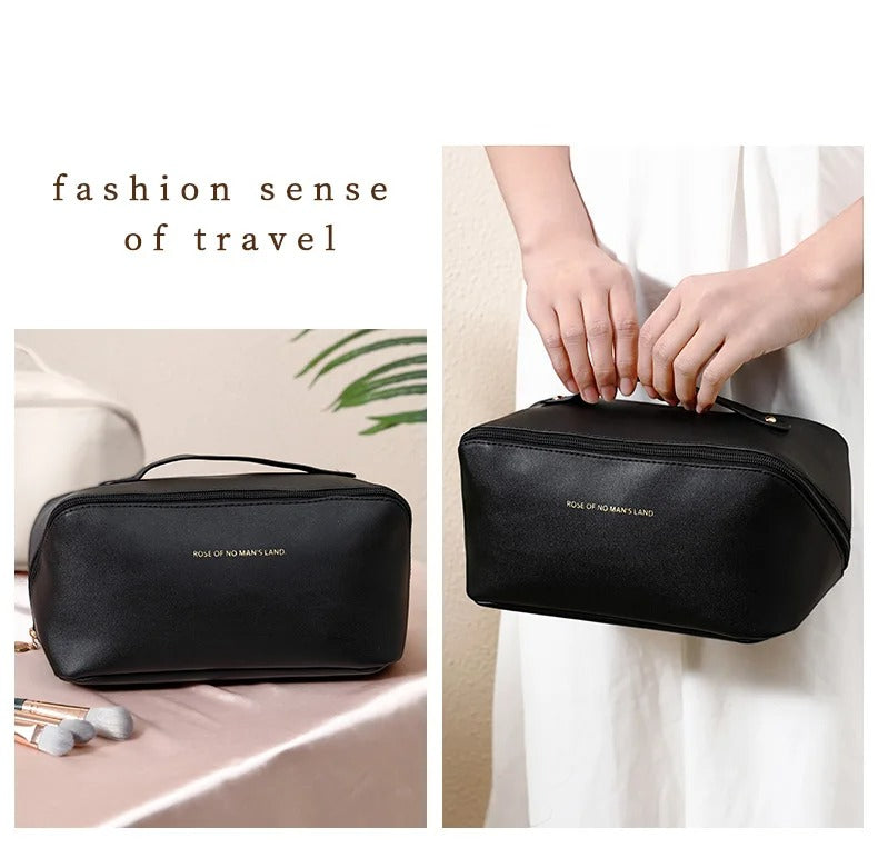 Large Capacity Travel Makeup Bag – Waterproof PU Leather Cosmetic Organizer for Women with Handle & Zipper