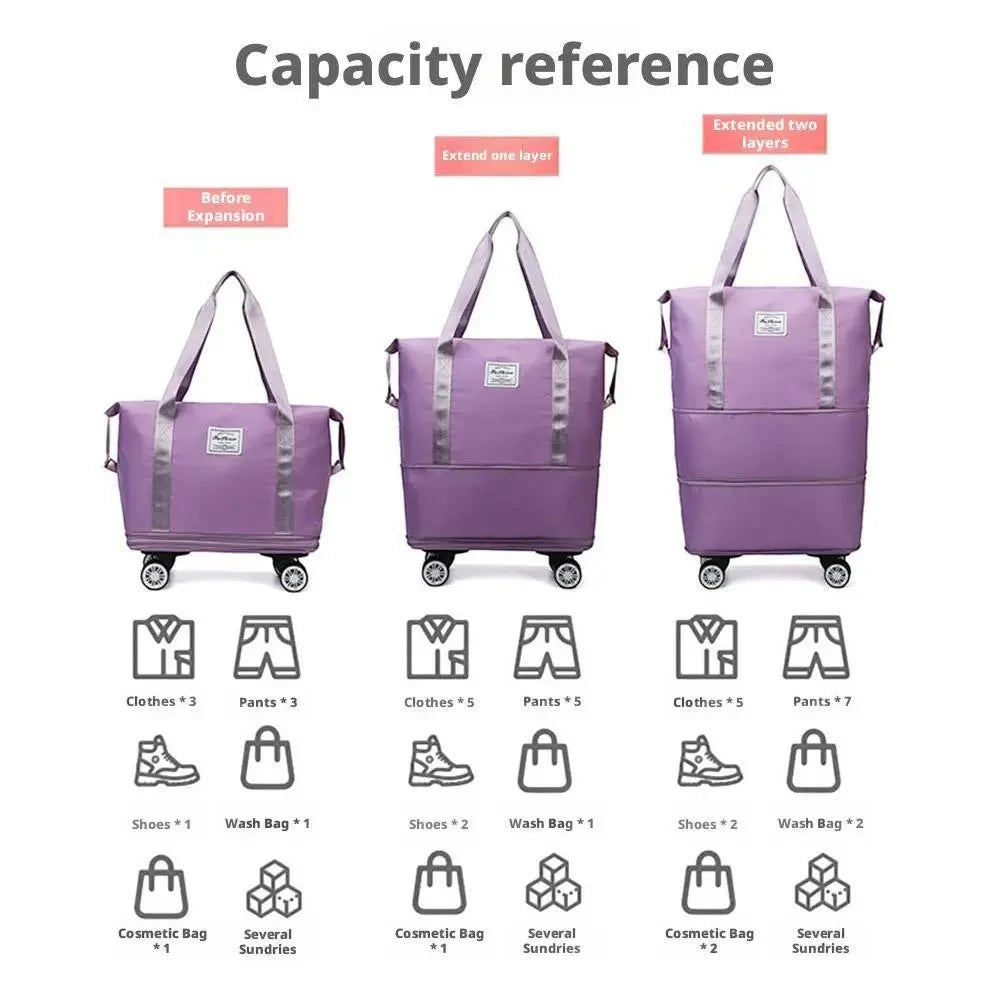 Expandable Travel Bag with Wheels – Large Capacity Waterproof Carry-On Duffel (Detachable Universal Wheels)