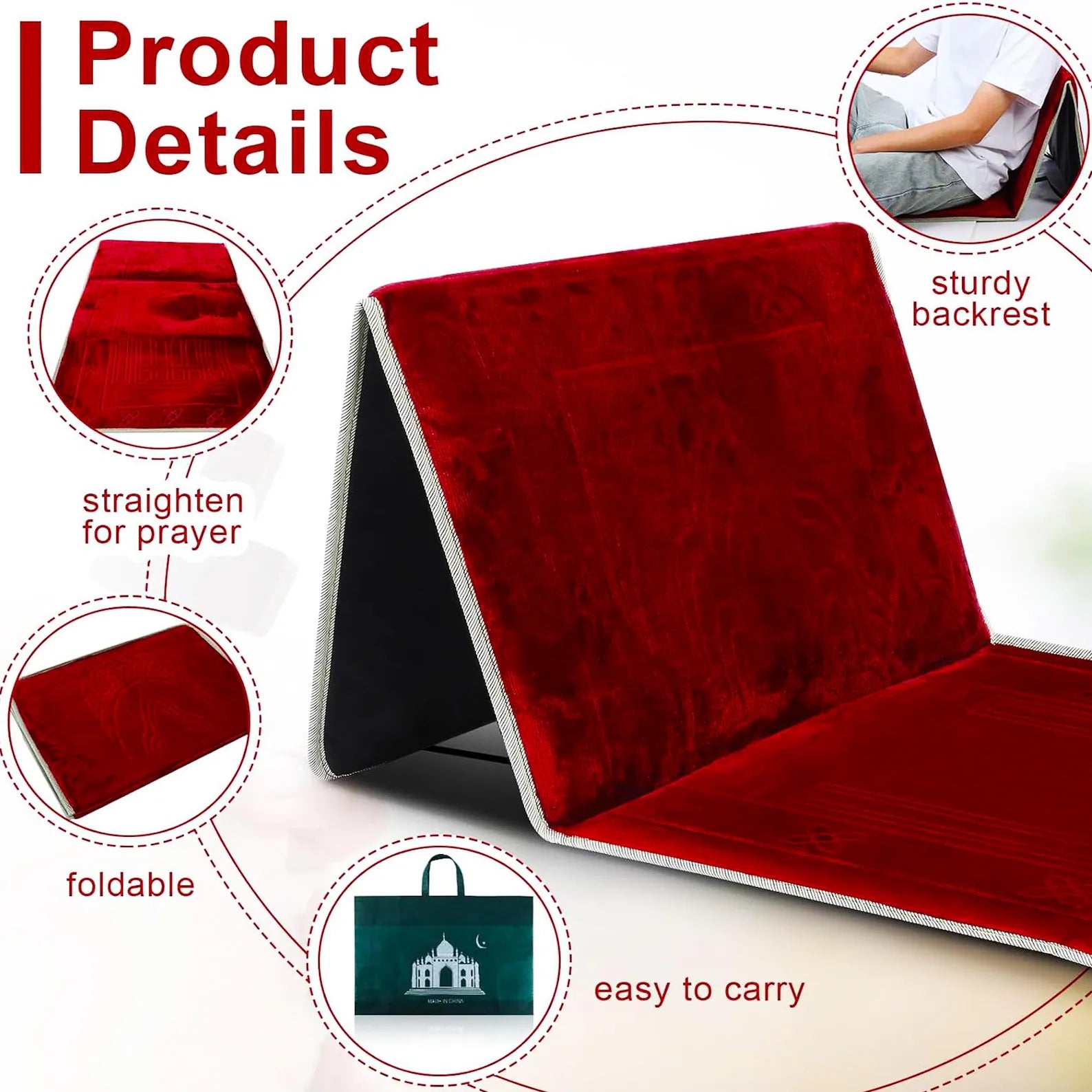 Muslim Prayer Rug with Back Support – Foldable Portable Anti-Slip Prayer Mat