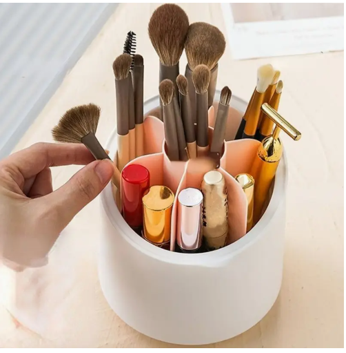 360° Rotating Makeup Brush & Cosmetic Organizer – Portable Desktop Holder for Lipsticks, Eyebrow Pencils, and Brushes