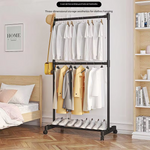 Double Rod Clothes Rack with Wheels – Heavy Duty Stainless Steel Garment Stand with Bottom Shelf (Space Saving Organizer)