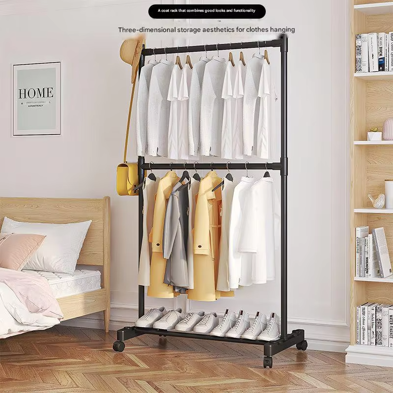 Double Rod Clothes Rack with Wheels – Heavy Duty Stainless Steel Garment Stand with Bottom Shelf (Space Saving Organizer)