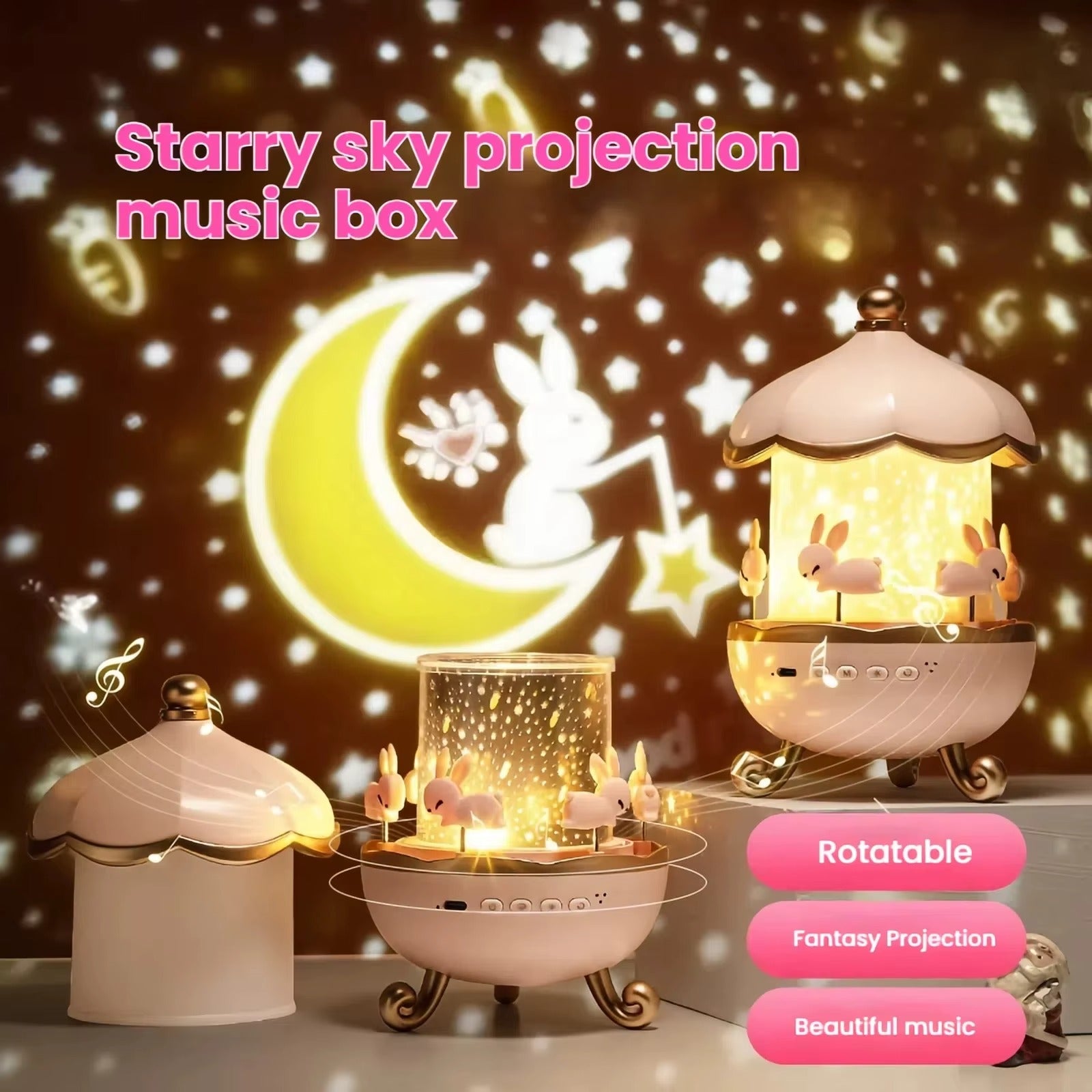 Starry Sky Carousel Projector Night Light – Rotating Music Box Lamp