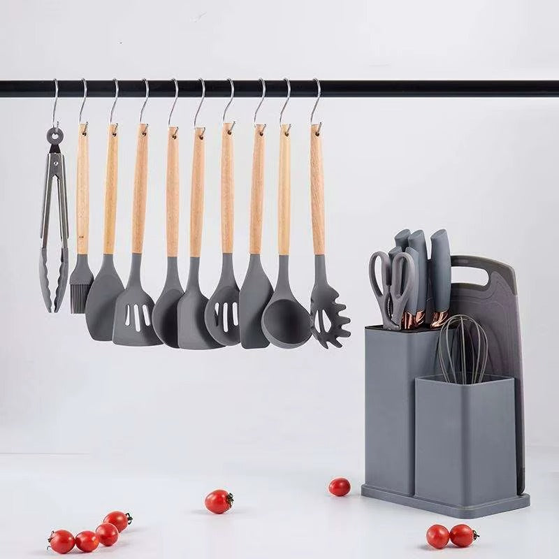 19-Piece Silicone Kitchen Utensil Set – Non-Stick Cooking Tools with Wooden Handles & Storage Holder