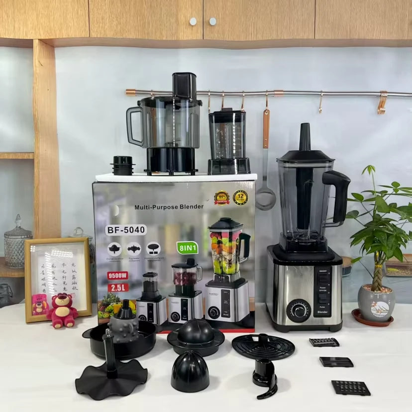 8-in-1 Heavy Duty Blender & Food Processor – 9500W Electric Mixer, Grinder & Juicer, 2.5L Glass Jar – Crest Silver Bardefu