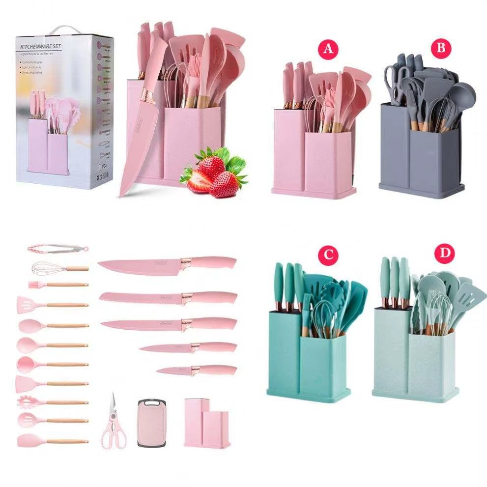 19-Piece Silicone Kitchen Utensil Set – Non-Stick Cooking Tools with Wooden Handles & Storage Holder