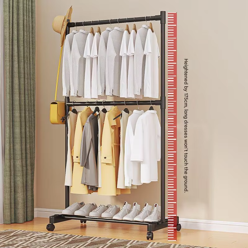 Double Rod Clothes Rack with Wheels – Heavy Duty Stainless Steel Garment Stand with Bottom Shelf (Space Saving Organizer)