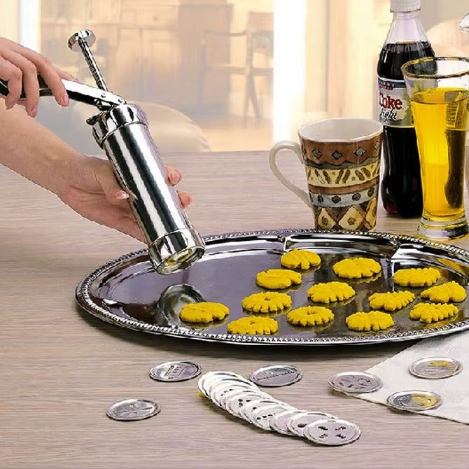 Stainless Steel Manual Cookie Press Kit – Biscuit Maker with 20 Cookie Molds & 4 Nozzles