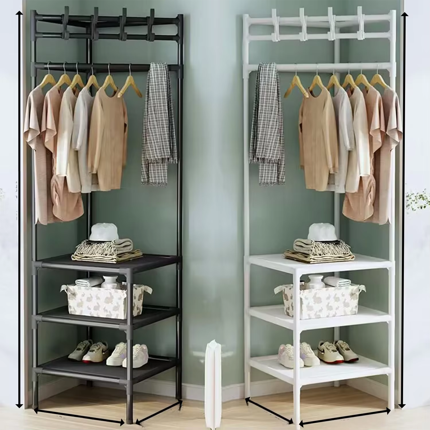 3-Tier Metal Coat Rack with Shelves – Modern Garment Rack with Hooks