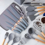 19-Piece Silicone Kitchen Utensil Set – Non-Stick Cooking Tools with Wooden Handles & Storage Holder