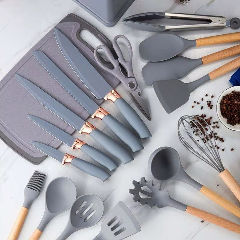 19-Piece Silicone Kitchen Utensil Set – Non-Stick Cooking Tools with Wooden Handles & Storage Holder