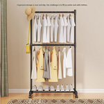 Double Rod Clothes Rack with Wheels – Heavy Duty Stainless Steel Garment Stand with Bottom Shelf (Space Saving Organizer)