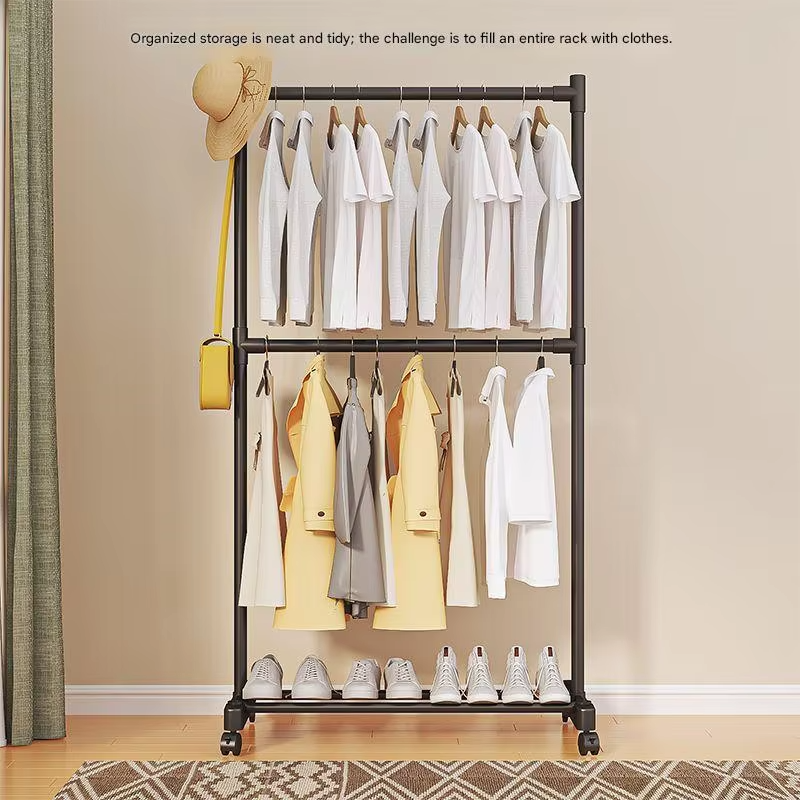 Double Rod Clothes Rack with Wheels – Heavy Duty Stainless Steel Garment Stand with Bottom Shelf (Space Saving Organizer)