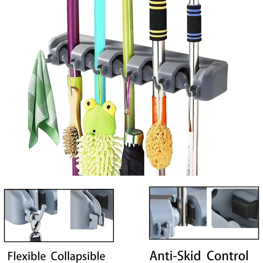 Wall Mounted Mop Holder – 6 Position Multi-Functional Broom & Tool Organizer
