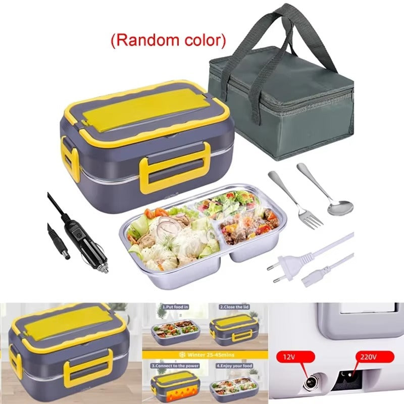 Electric Lunch Box for Car & Home – 2-in-1 Food Heater (12V/24V/220V) Portable Stainless Steel Lunch Box Set
