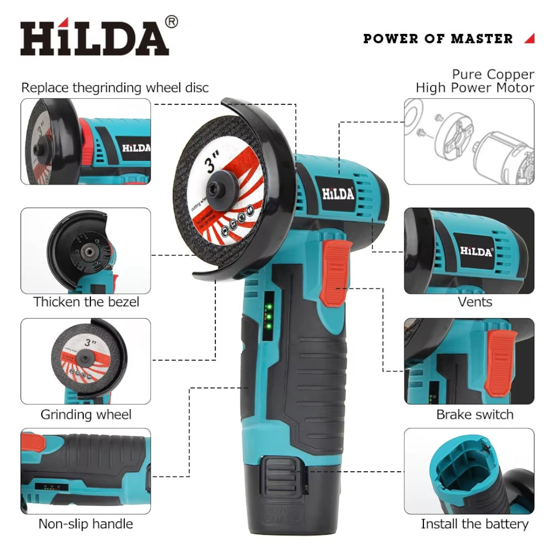 12V Cordless Mini Angle Grinder with 2 Batteries – Rechargeable Cutting, Grinding & Polishing Tool