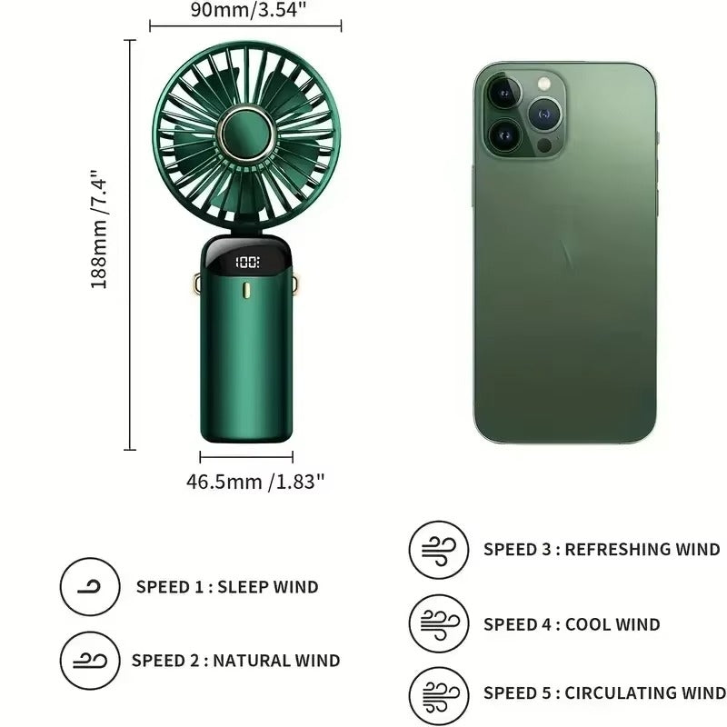 Portable Rechargeable Mini Fan with LED Display – 5 Speed Foldable Handheld Fan