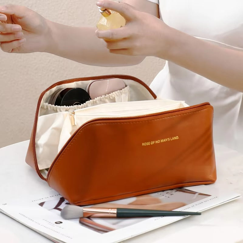 Large Capacity Travel Makeup Bag – Waterproof PU Leather Cosmetic Organizer for Women with Handle & Zipper