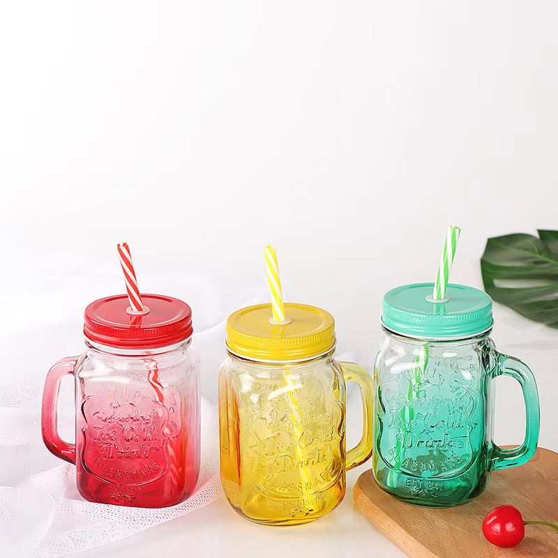 480ml Gradient Mason Jar Mug with Handle, Lid &amp; Straw – Vintage Glass for Drinks