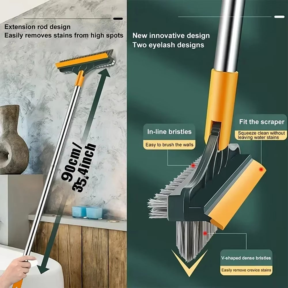 3-in-1 Floor Scrub Brush with Squeegee – Long Handle Bathroom Cleaning Brush