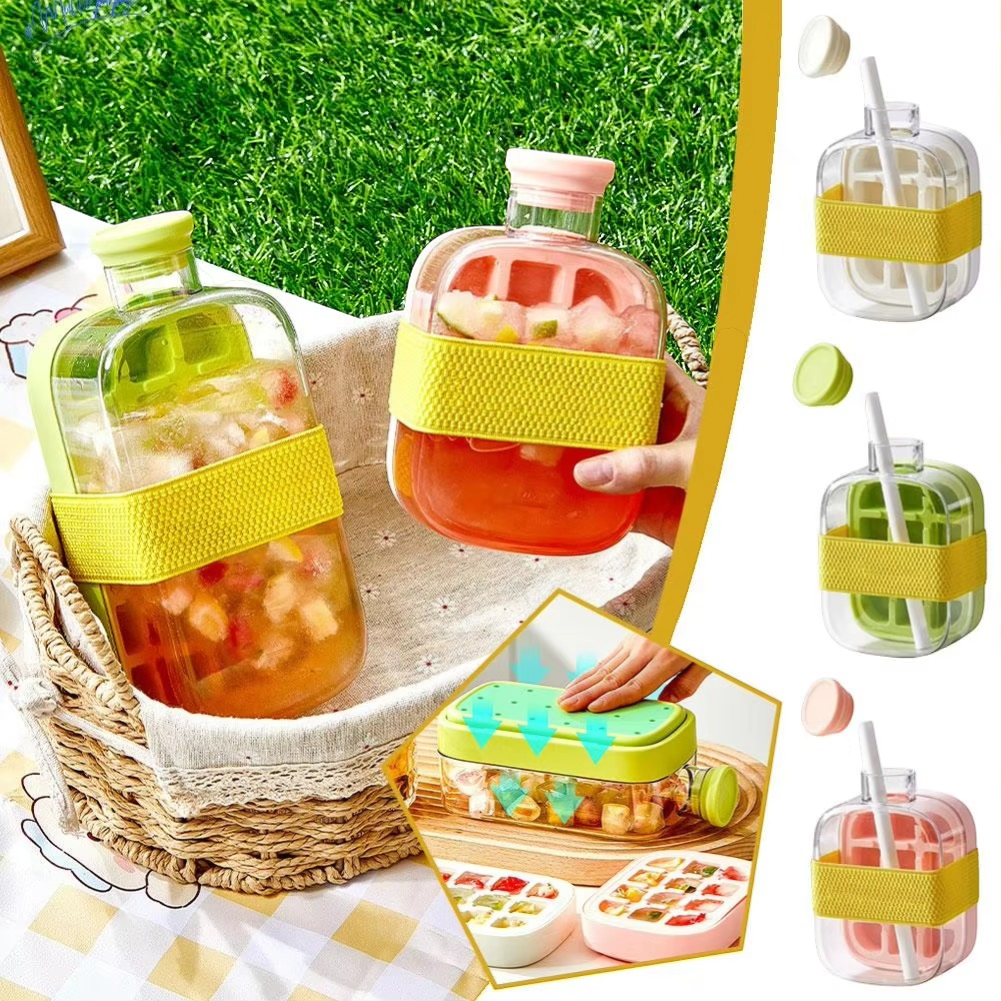2-in-1 Ice Cube Tray Water Bottle – Summer Portable Ice Maker Cup with Straw