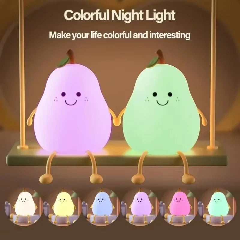 Rechargeable Pear Night Light – Super?Squishy Silicone Touch Lamp with 7?Color Dimmable LED