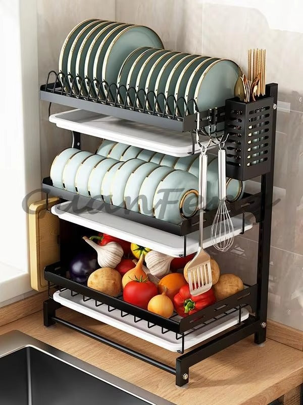 3-Tier Wall Mounted Dish Rack – Kitchen Plate & Bowl Organizer with Drip Tray (Space Saving Sink Rack)