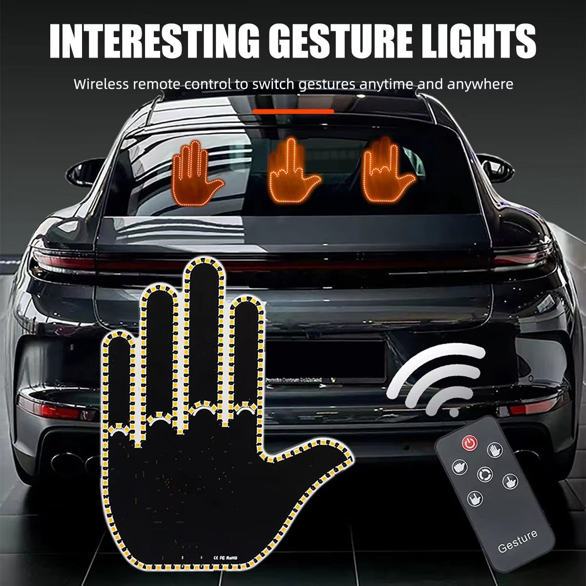 LED Car Gesture Light with Remote – Amber Warning Signal Lamp for Cars (3 Modes Funny Auto Light)