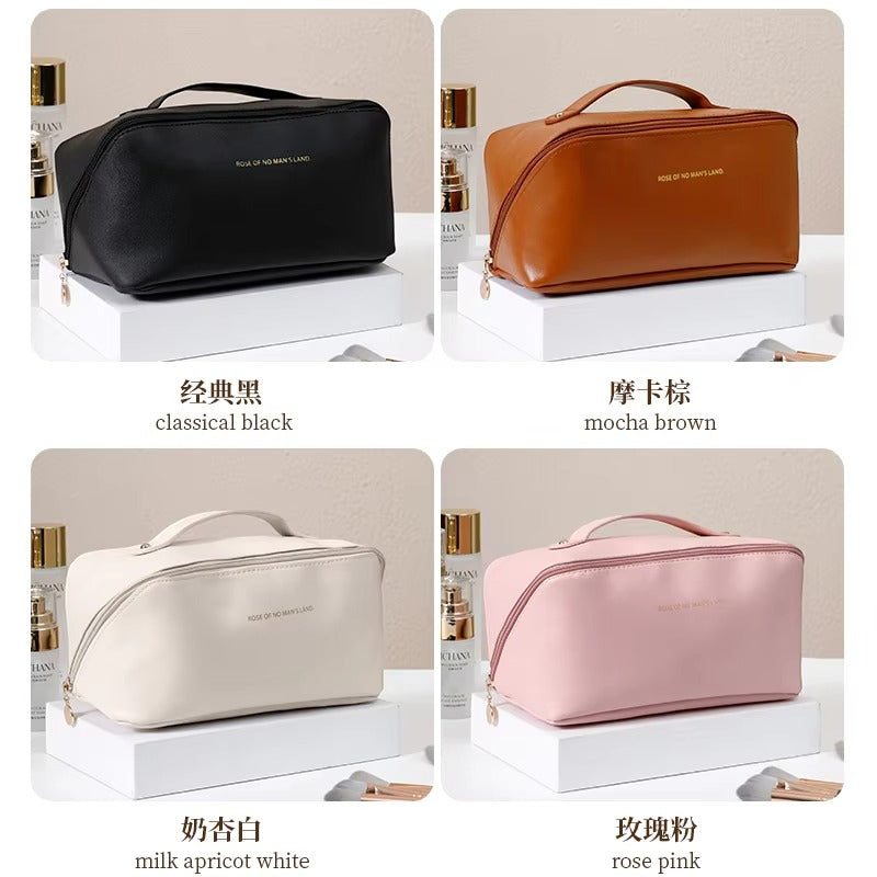 Large Capacity Travel Makeup Bag – Waterproof PU Leather Cosmetic Organizer for Women with Handle & Zipper