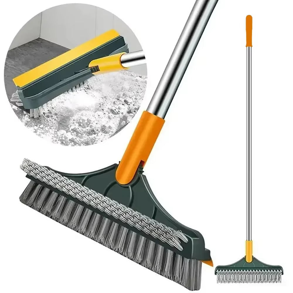 3-in-1 Floor Scrub Brush with Squeegee – Long Handle Bathroom Cleaning Brush
