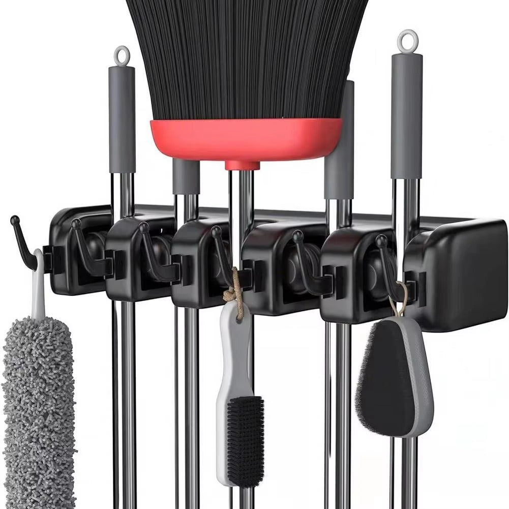 Wall Mounted Mop Holder – 6 Position Multi-Functional Broom & Tool Organizer