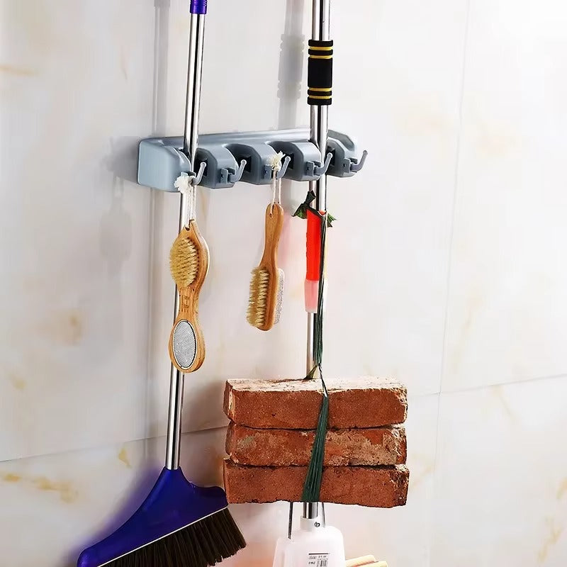 Wall Mounted Mop Holder – 6 Position Multi-Functional Broom & Tool Organizer