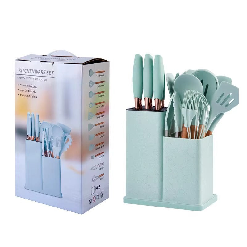 19-Piece Silicone Kitchen Utensil Set – Non-Stick Cooking Tools with Wooden Handles & Storage Holder