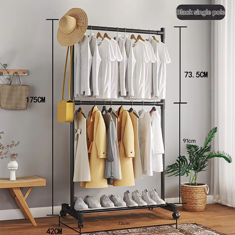 Double Rod Clothes Rack with Wheels – Heavy Duty Stainless Steel Garment Stand with Bottom Shelf (Space Saving Organizer)