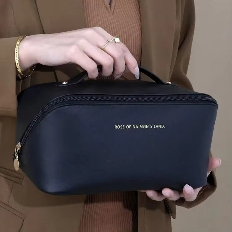 Large Capacity Travel Makeup Bag – Waterproof PU Leather Cosmetic Organizer for Women with Handle & Zipper