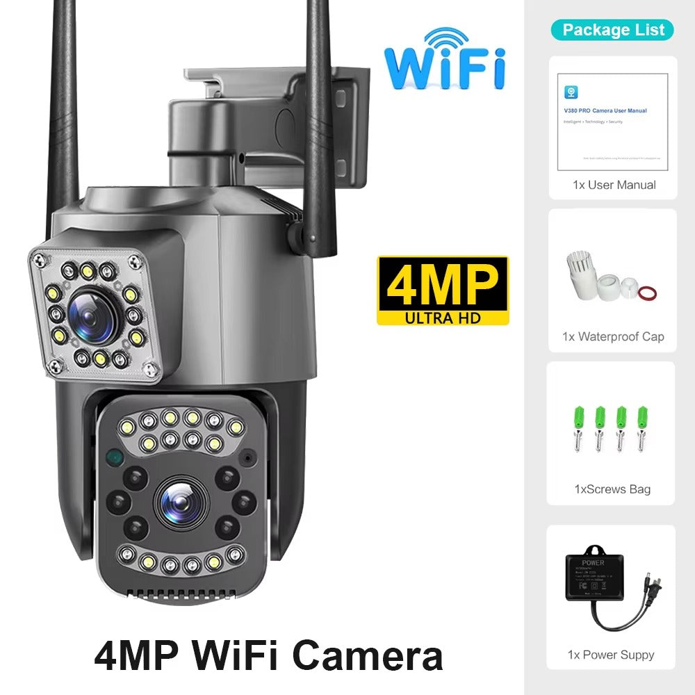 4MP Dual Lens WiFi Security Camera – Outdoor PTZ CCTV with Night Vision, AI Motion Detection & Mobile App (V380 Pro)
