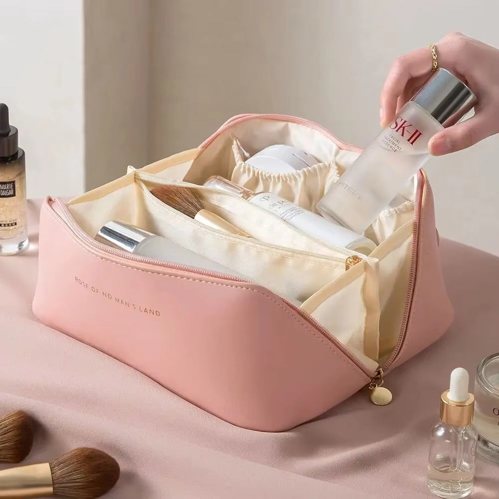 Large Capacity Travel Makeup Bag – Waterproof PU Leather Cosmetic Organizer for Women with Handle & Zipper