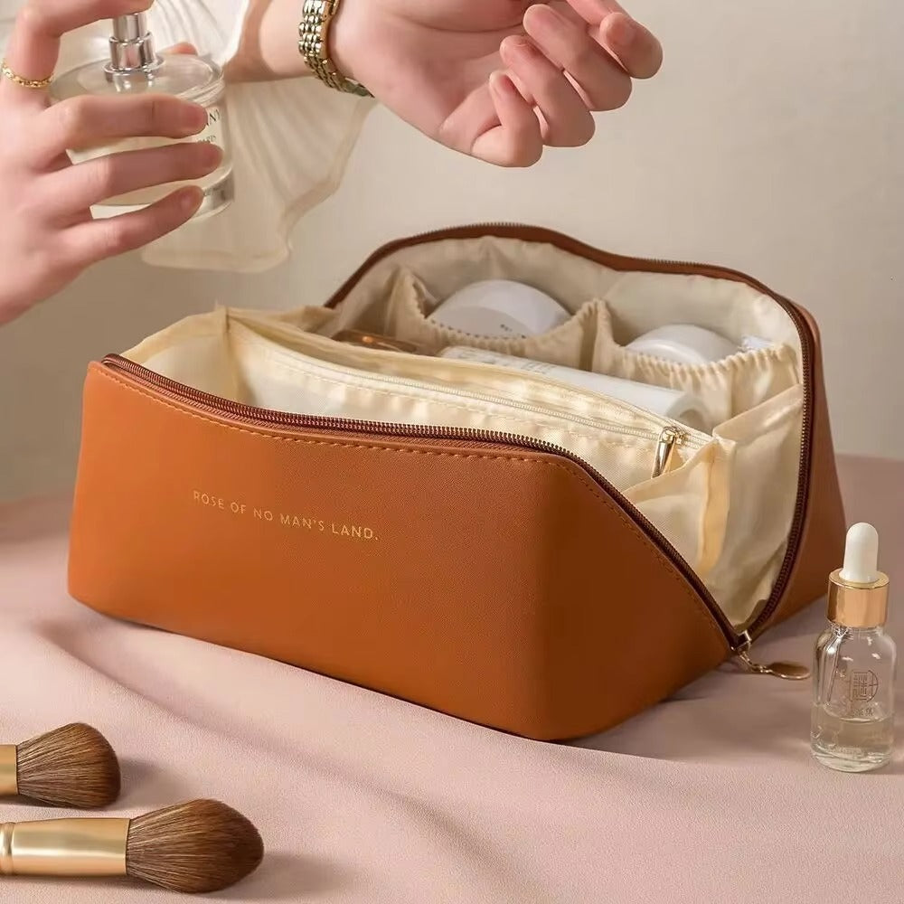 Large Capacity Travel Makeup Bag – Waterproof PU Leather Cosmetic Organizer for Women with Handle & Zipper